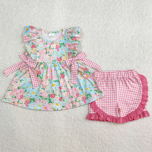 Baby Girls Clothes Blue Pink Flowers Bows Tunic Ruffle Shorts Sets GSSO2111 3.7
