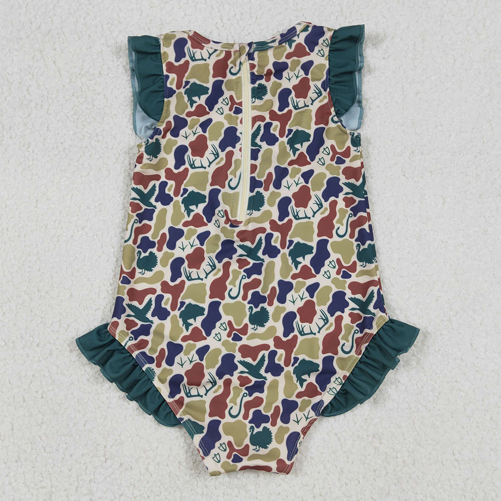 Baby Girls Swimwear Dark Green Ducks Deer Camo Ruffle Swimsuits S0598 1.1