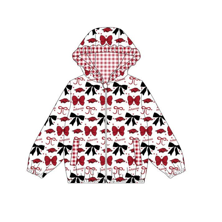 Preorder (moq 5)Baby Girls Red Arkansas Bows Zip Ruffle Hooded Cardigan Jackets Tops 8.29
