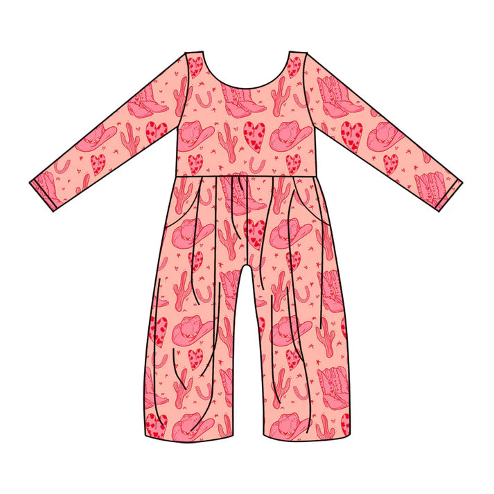 Preorder(moq 8)Baby Girls Pink Leopard Hearts Boots Hats Western Pockets Pant Jumpsuits 9.25