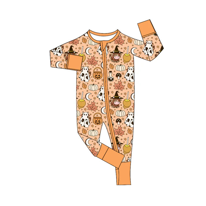 Preorder (moq 5)Baby Girls Long Sleeves Ghost Pumpkins Plaid Zipper Romper 7.2