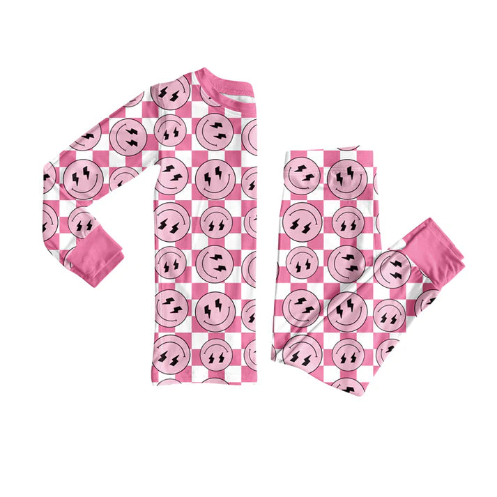 Preorder(moq 5) Baby Girls Western Pink Checkered Smiles Top Pants Lounge Wear Pajamas Sets 8.11