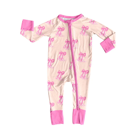 Preorder (moq 5)Baby Girls Pink Bow Boots Western Two Way Zip Convertible Rompers 12.6