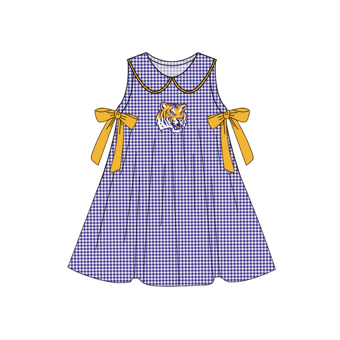 Preorder (moq 5)Baby Girls Purple Plaid Sleeveless Bows Tigers Team Knee Length Dresses 7.10