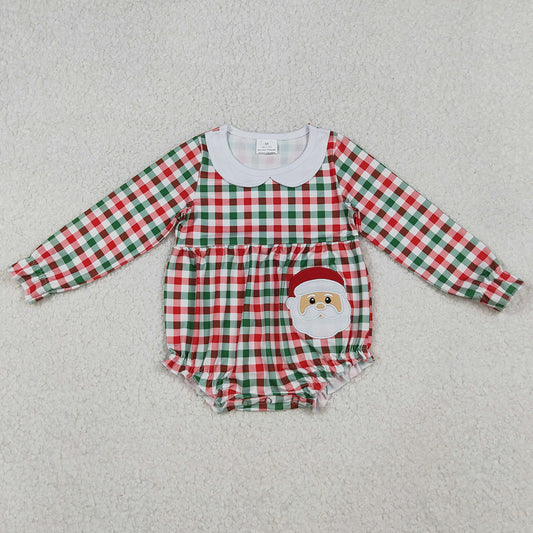Embroidery Santa Claus Baby Girls Rompers Red Green Checked Ruffle Collar Rompers LR2357 10.4