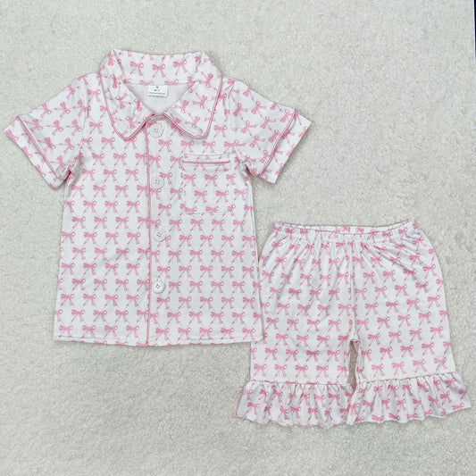 Baby Girls Pajamas Pink Bows Buttons Shirts Shorts Pajamas Clothes Sets GSSO1820