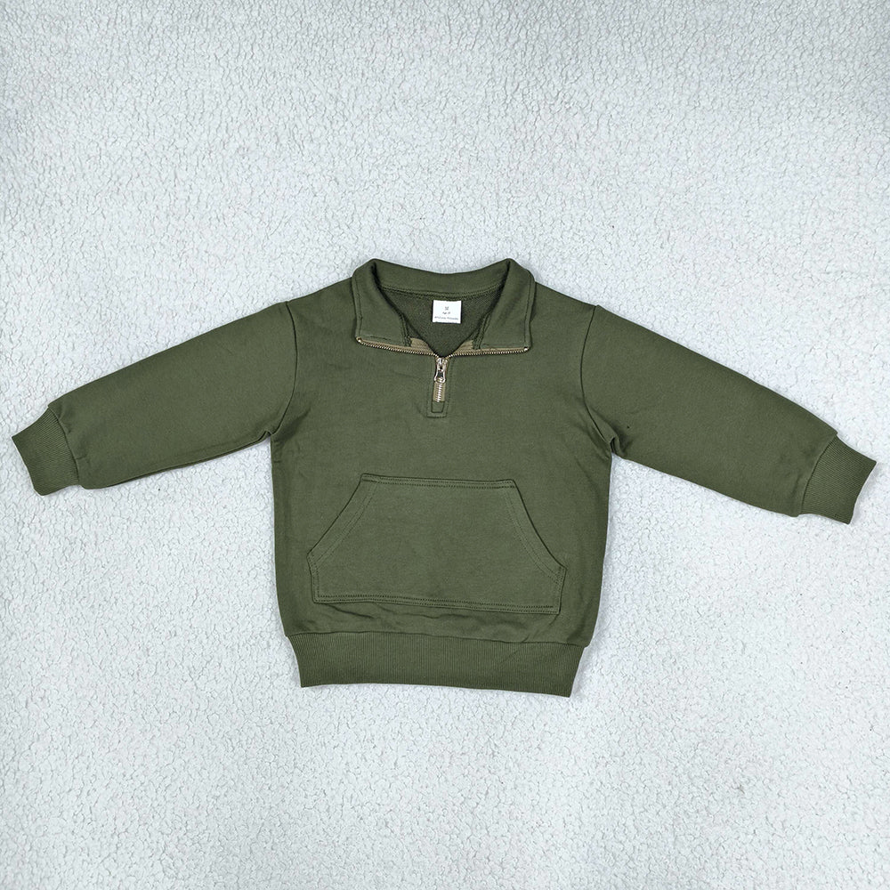 Baby Girls Clothes Olive Long Sleeve Sweater Fabric Zip Pockets Pullovers Top GT1767