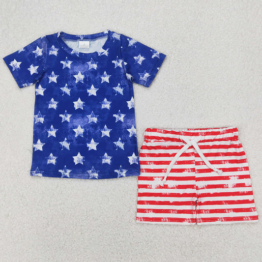 Baby Boys Clothes Blue Short Sleeves Stars Shirt Red Stripe Shorts 4th Of July Sets BSSO1405 4.1