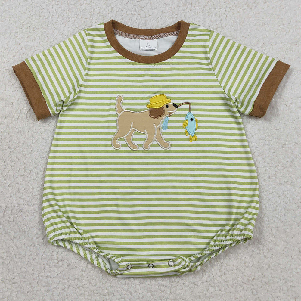 Baby Boys Rompers Embroidery Dog Fishes Short Sleeve Stripe Hunting Rompers SR3765