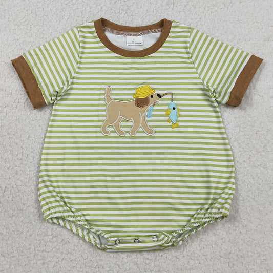 Baby Boys Rompers Embroidery Dog Fishes Short Sleeve Stripe Hunting Rompers SR3765