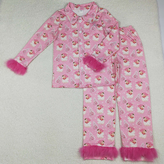 Adult Women Pajamas Pink Santa Trees Button Top Pants Christmas Fur Pajamas Set GLP2718 10.3