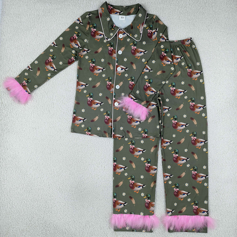 Adult Women Clothes Ducks Flowers Button Top Pant Fur Sleeves Hunting Pajamas Set GLP3628