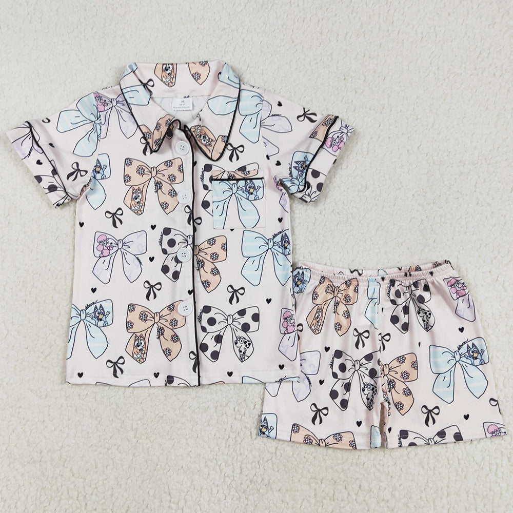 Baby Girls Pajamas Bows Dogs Buttons Shirts Shorts Pajamas Sets GSSO1810