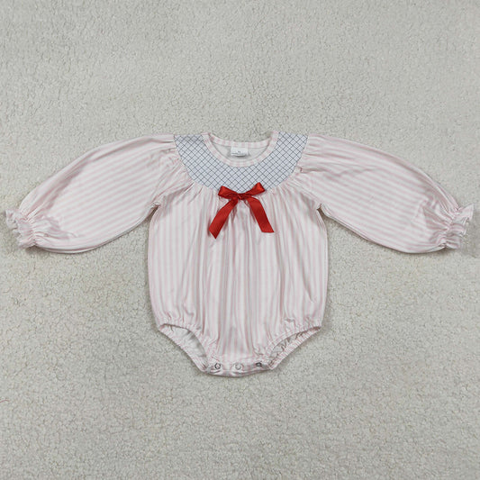 Baby Girls Rompers Embroidery Checked Pink Stripe Bows Ruffle Rompers LR2773 12.31