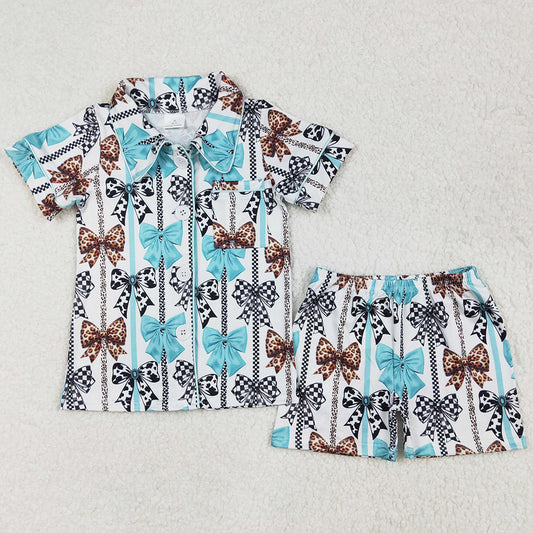 Baby Girls Pajamas Western Bows Stripes Buttons Shirts Shorts Pajamas Sets GSSO1858