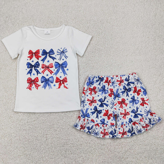 Baby Girls Clothes Bows Stars Short Sleeve Top Ruffle Shorts 4th Of July Sets GSSO2512
