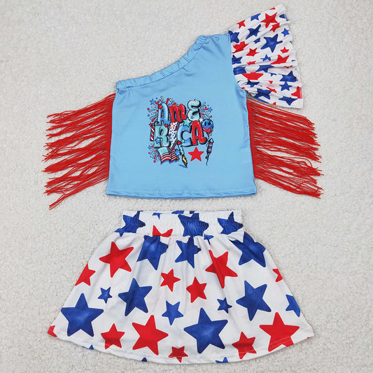 Baby Girls Clothes 4th of July America Fringe Shirt Skorts Skirt Sets GSD1836