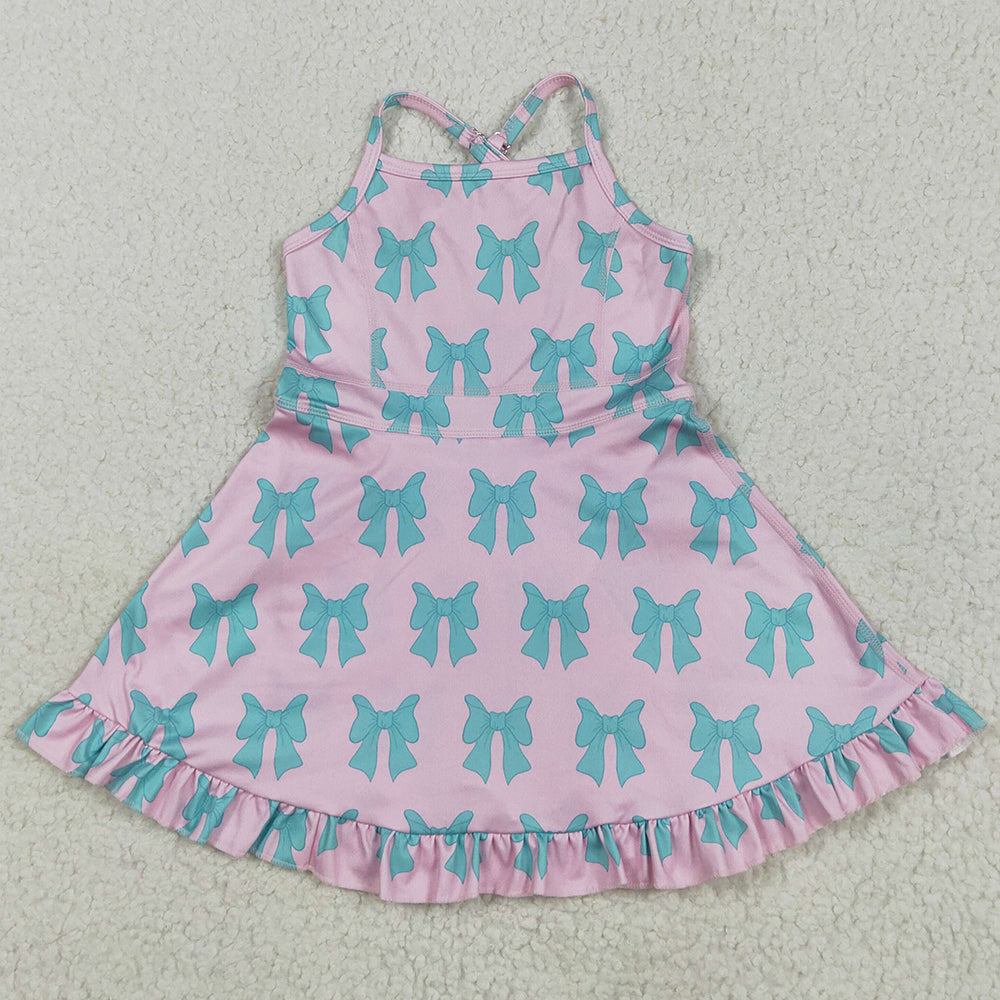 Baby Girls Dress Pink Strap Green Bows Yoga Ruffle Knee Length Dresses GSD2293 5.23