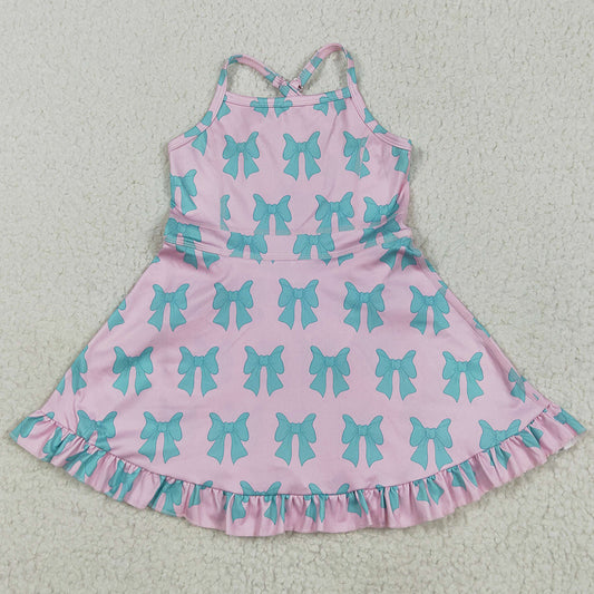 Baby Girls Dress Pink Strap Green Bows Yoga Ruffle Knee Length Dresses GSD2293 5.23