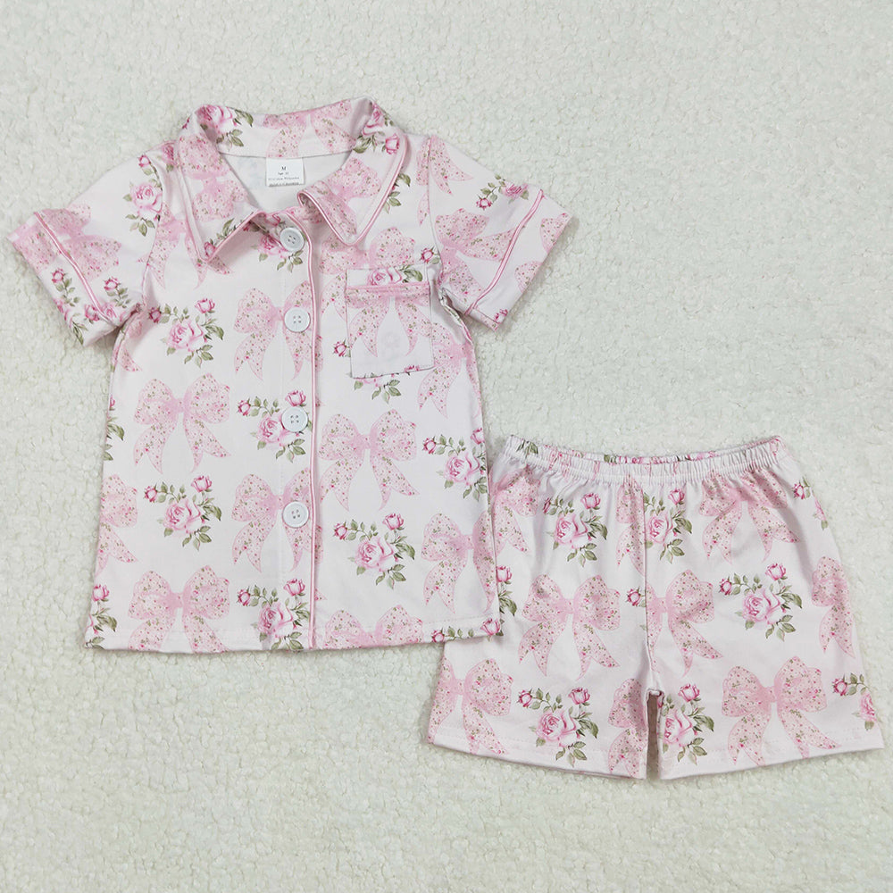 Baby Girls Pajamas Pink Bows Flowers Buttons Top Shorts Pajamas Sets GSSO1780