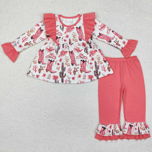 Baby Girls Clothes Western Boots Tunic Tops Ruffle Pants Sets GLP1922