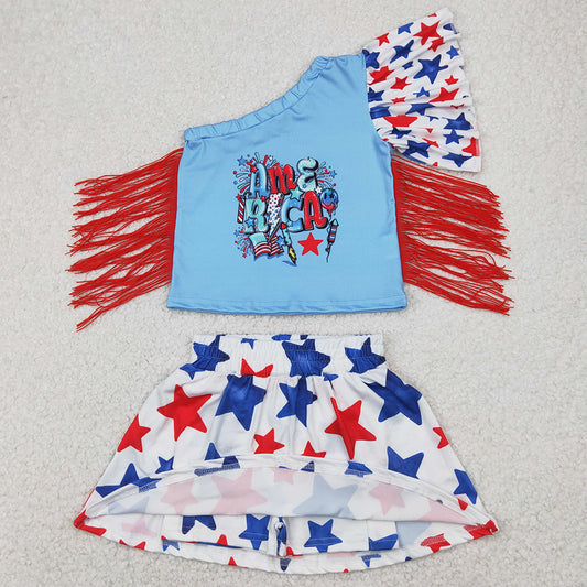 Baby Girls Clothes 4th of July America Fringe Shirt Skorts Skirt Sets GSD1836