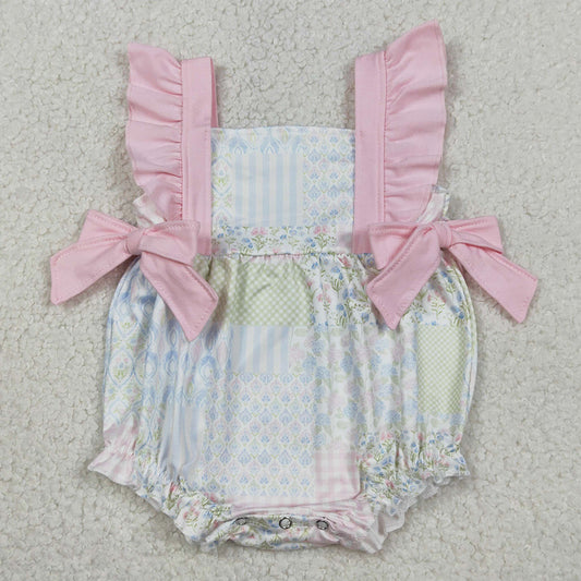 Baby Girls Rompers Pink Flutter Sleeve Bows Flowers Checked Ruffle Rompers SR3675