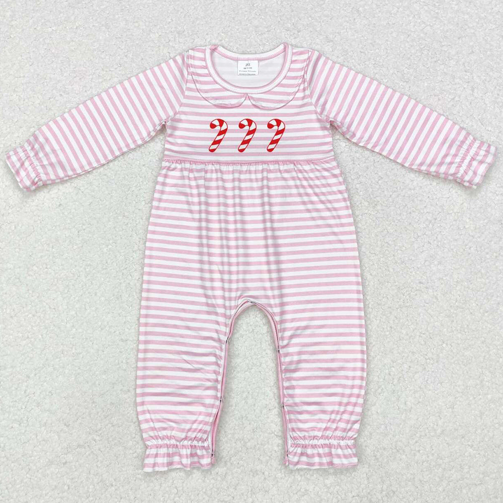 Baby Infant Girls Rompers Christmas Candy Cane Pink Long Sleeve Rompers LR1441