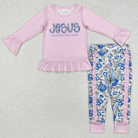 Baby Girls Clothes Pink Jesus Top Ruffle Floral Pants Sets GLP1670