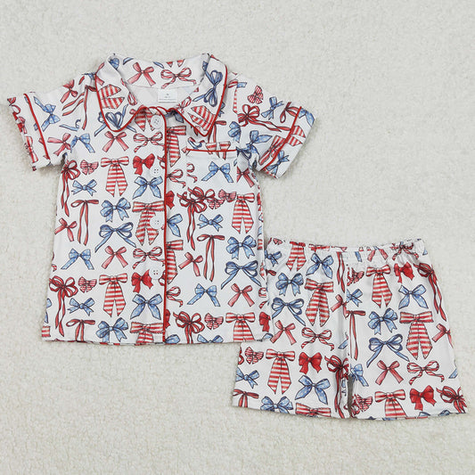Baby Girls Pajamas 4th Of July Bows Buttons Shirt Shorts Clothes Sets GSSO1966
