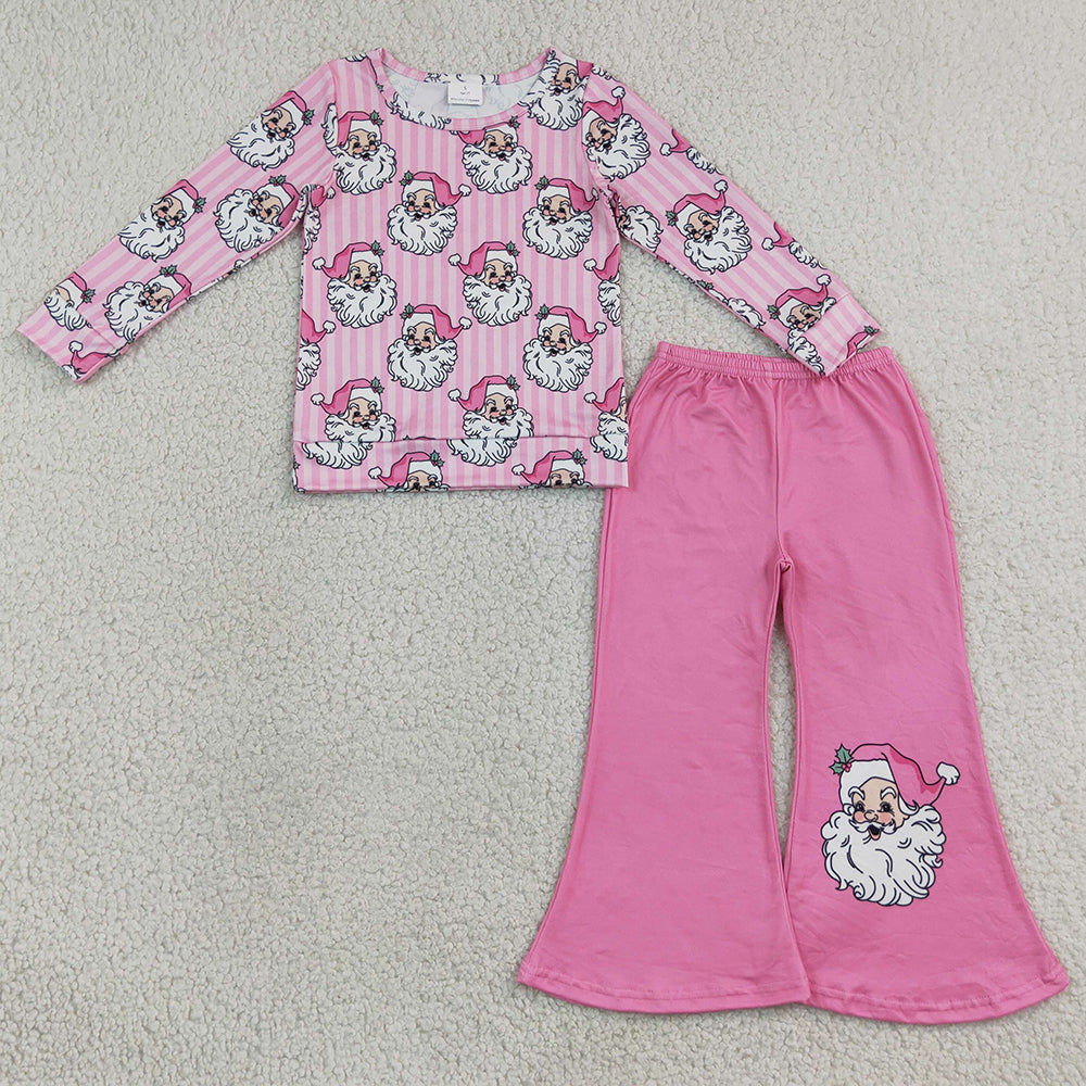 Baby Girls Clothes Pink Stripe Santa Top Flare Pant Christmas Clothes Sets GLP3538