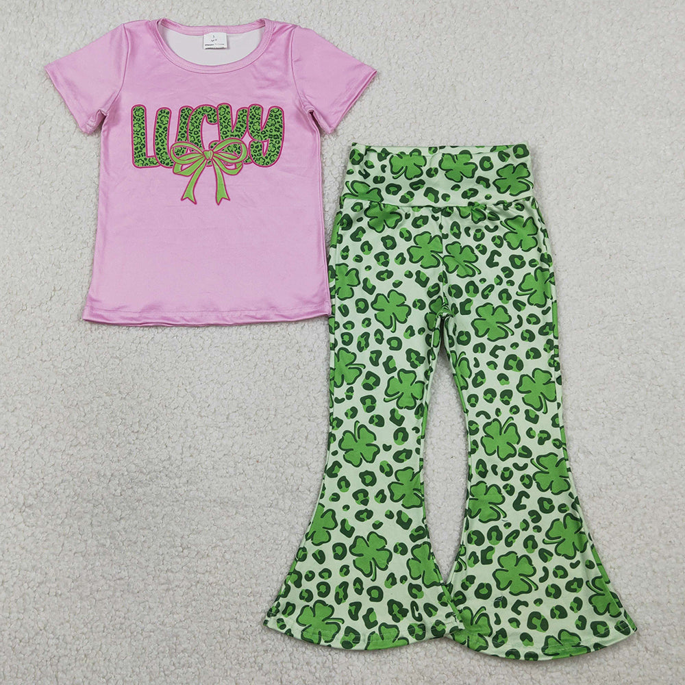 Baby Girls Clothes Clover Bow Lucky Top Bell Bottom Pants St Patrick Clothes Sets GSPO2104