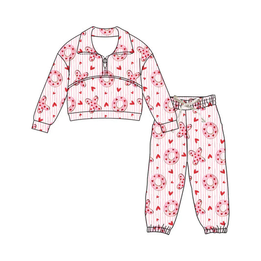 Preorder (moq 5)Baby Girls Pink Stripe Hearts XOXO Zipper Pullover Pants Valentines Clothes Sets 11.27
