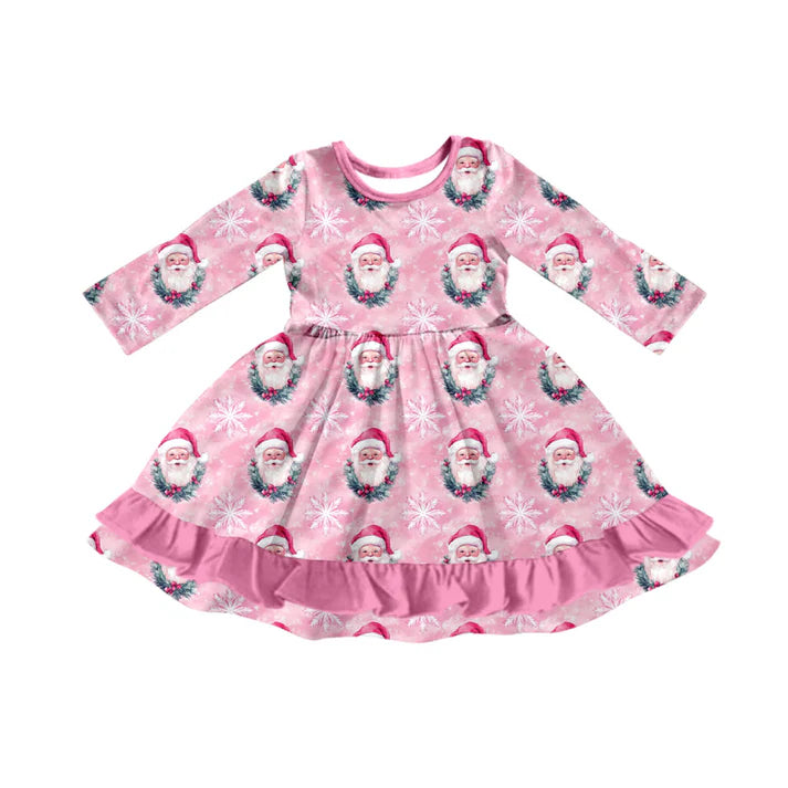 Preorder (moq 5)Baby Girls Pink Santa Snowflake Christmas Ruffle Knee Length Dresses 9.4