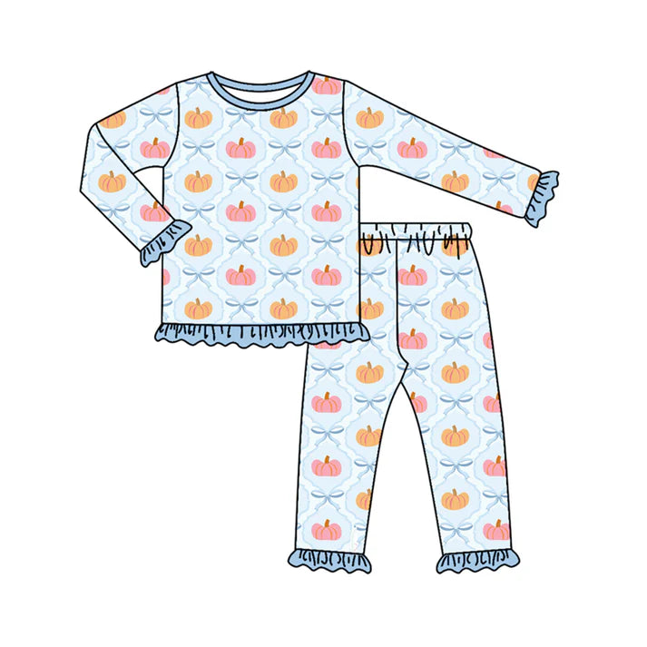 Preorder (moq 5)Baby Girls Blue Long Ruffle Sleeves Bows Pumpkins Plaid Top Pant Pajamas Set 6.21