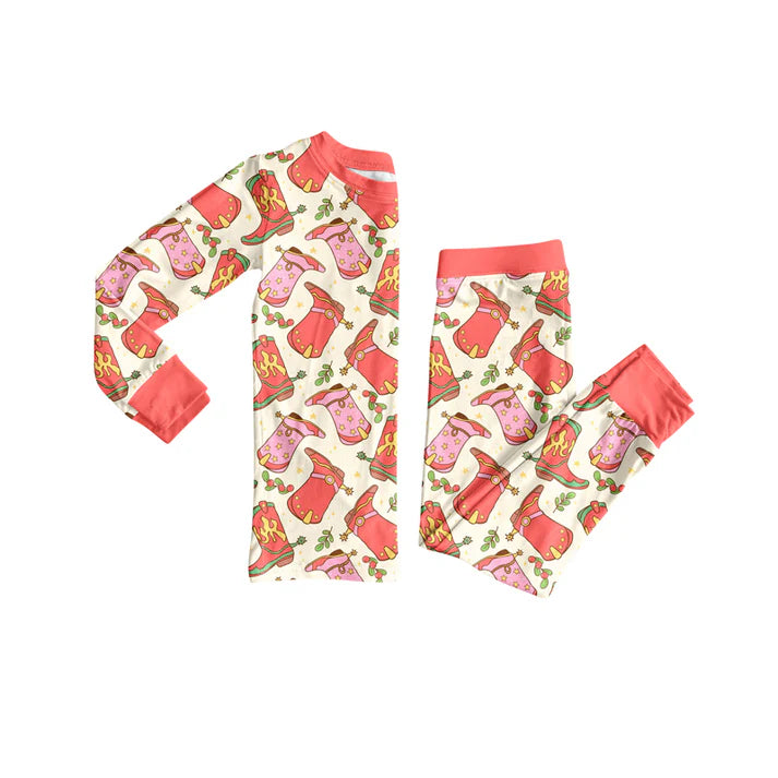Preorder (moq 5)Baby Girls Long Sleeves Pink Flower Boots Top Pant Pajamas Set 6.19