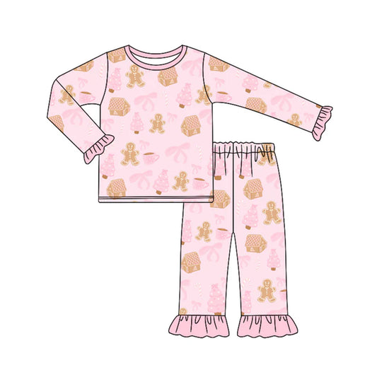 Preorder (moq 5)Baby Girls Long Ruffle Sleeves Pink Bows Gingerbread Top Pant Pajamas Sets 6.21