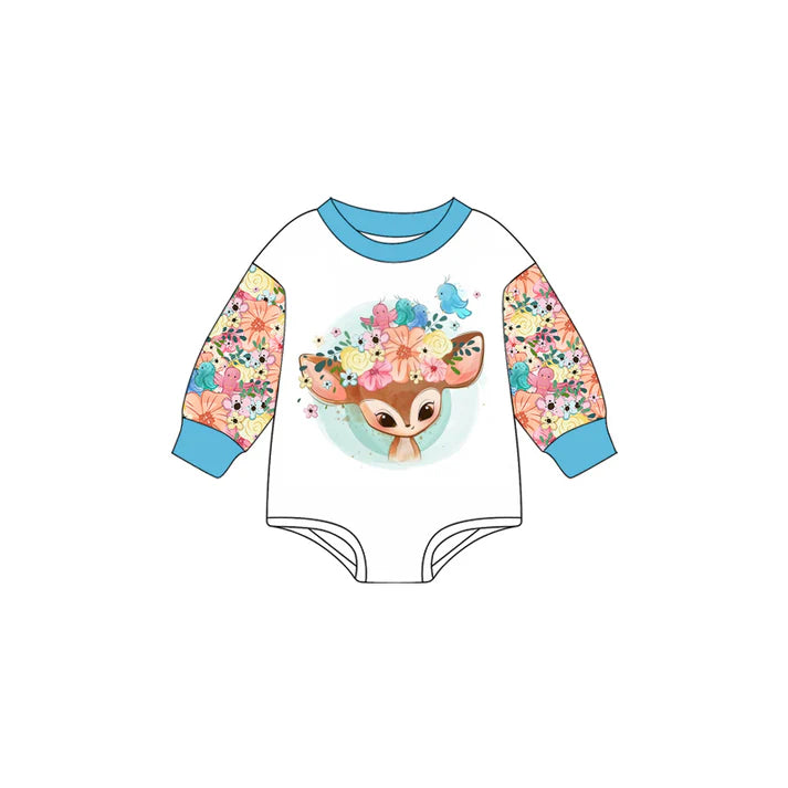 Preorder (moq 5)Baby Girls Blue Long Sleeves Flowers Deer Birds Romper 7.2