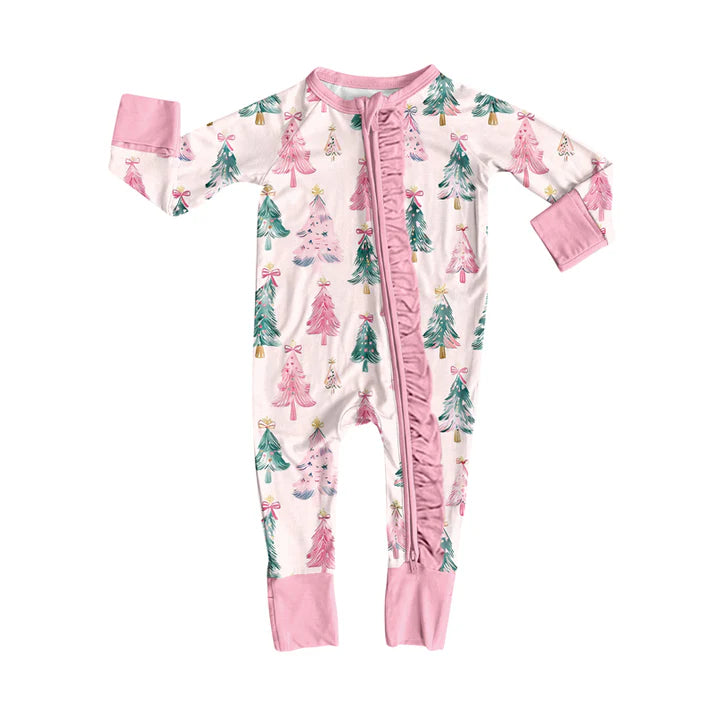 Preorder(moq 5)Baby Girls Christmas Pink Trees Bows Zipper Footie Rompers 8.8