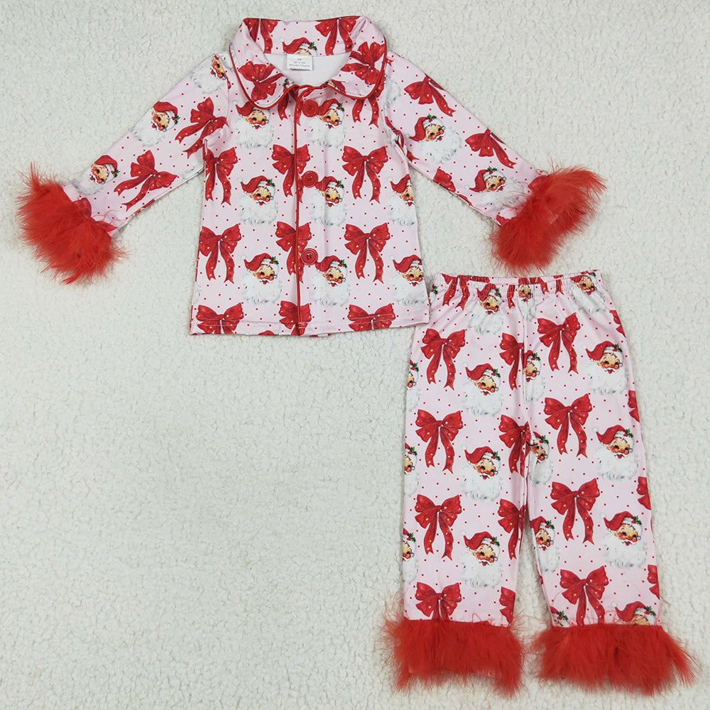 Baby Girls Pajamas Red Christmas Fur Bows Santa Button Top Pants Pajamas Sets GLP2373 6.25