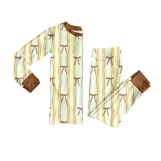 Preorder(moq 5) Baby Girls Yellow Stripe Bows Top Pants Pajamas Set 10.23