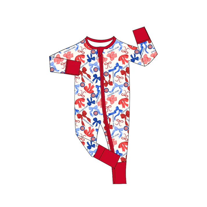 Preorder(moq 5)long sleeves C red blue bows baby team zip romper 8.22