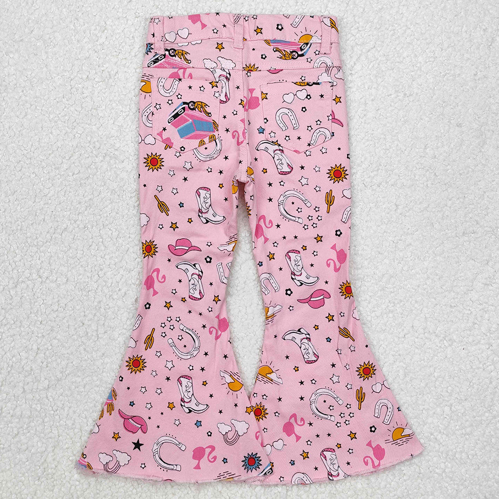Baby Girls Jeans Pants Pink Doll Western Bell Flare Denim Pants Jeans P0407