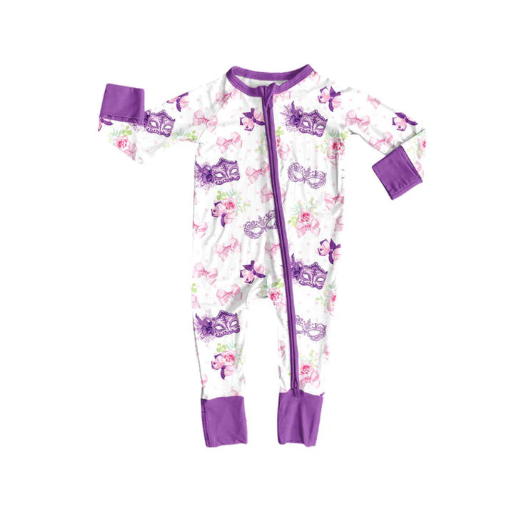 Preorder (moq 5)Baby Girls Mardi Gras Bows Flowers Masks Zipper Footie Rompers 9.3