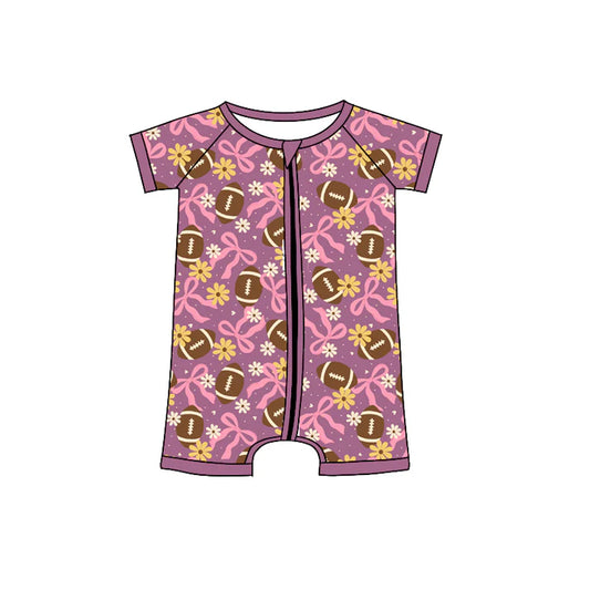 Preorder (moq 5)Baby Girls Pink Bows Footballs Flowers Team Zipper Shorts Rompers 12.6