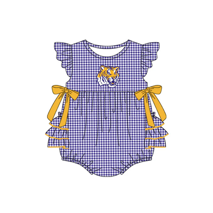 Preorder moq 5 Baby Girls Purple Plaid Flutter Sleeves Bows Tigers Team Rompers 7.10