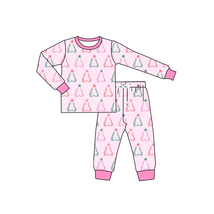 Preorder (moq 5)Baby Girls Long Sleeves Pink Stars Trees Top Pant Pajamas Set 5.20