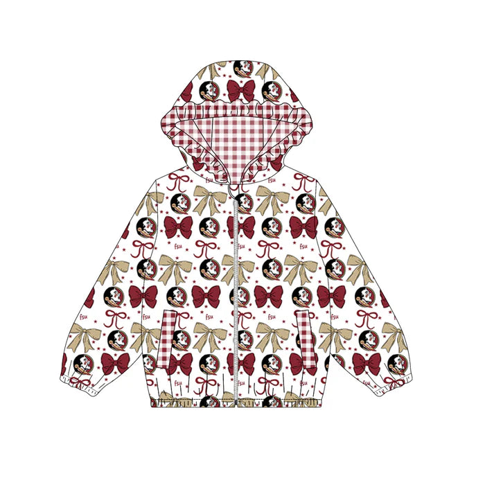 Preorder (moq 5)Baby Girls Wine FSU Bows Zip Ruffle Hooded Cardigan Jackets Tops 8.29