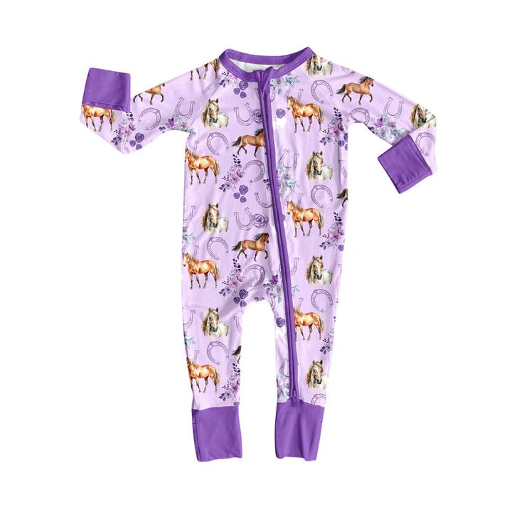 Preorder (moq 5)Baby Girls Flowers Horse Shoes Western Two Way Zip Convertible Rompers 12.4
