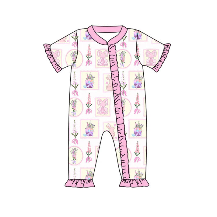 Preorder (moq 8)Baby Girls Flowers Rabbits Checked Easter Ruffle Zipper Footie Rompers 9.17
